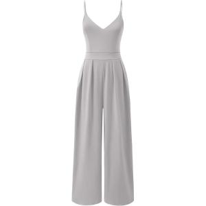 ANRABESS Women V Neck Spaghetti Strap Wide Leg Dressy Jumpsuits 2025 Summer Casual One Piece Jumper Romper Outfits & Pockets(Light Grey)
