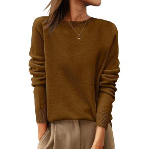 ANRABESS Womens 100% Wool Sweaters Crewneck Long Sleeve Work Business Casual Basic Sweater Tops 2025 Fall Outfits(Caramel)