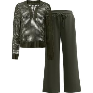 ANRABESS Womens 2 Piece Outfits 2025 Fall Crochet Knit Half Zip Sweater Top Wide Leg Pant Travel Matching Sets Lounge Clothes(Army Green)