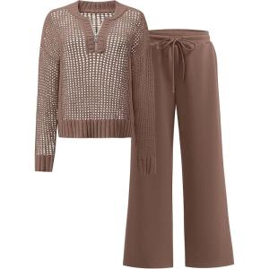 ANRABESS Womens 2 Piece Outfits 2025 Fall Crochet Knit Half Zip Sweater Top Wide Leg Pant Travel Matching Sets Lounge Clothes(Brown)