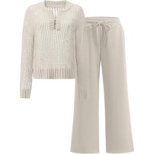 ANRABESS Womens 2 Piece Outfits 2025 Fall Crochet Knit Half Zip Sweater Top Wide Leg Pant Travel Matching Sets Lounge Clothes(Light Tan)