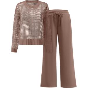 ANRABESS Womens 2 Piece Outfits Crochet Sheer Knit Sweater Top Wide Leg Pants Lounge Sets Sweatsuit 2025 Fall Travel Clothes(Brown)