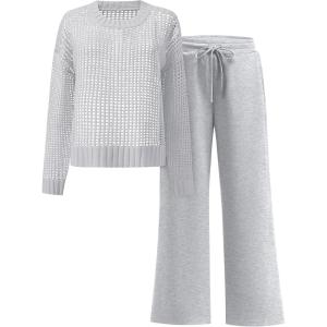 ANRABESS Womens 2 Piece Outfits Crochet Sheer Knit Sweater Top Wide Leg Pants Lounge Sets Sweatsuit 2025 Fall Travel Clothes(Light Grey)