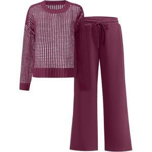 ANRABESS Womens 2 Piece Outfits Crochet Sheer Knit Sweater Top Wide Leg Pants Lounge Sets Sweatsuit 2025 Fall Travel Clothes(Wine Red)
