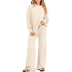 ANRABESS Womens 2 Piece Outfits Fall Lounge Set 2025 Oversized Chunky Knit Sweater Top Wide Leg Pants Loungewear Clothes(Aprticot)
