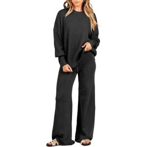 ANRABESS Womens 2 Piece Outfits Fall Lounge Set 2025 Oversized Chunky Knit Sweater Top Wide Leg Pants Loungewear Clothes(Black)