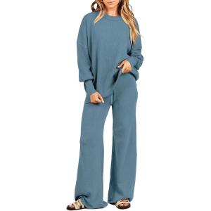ANRABESS Womens 2 Piece Outfits Fall Lounge Set 2025 Oversized Chunky Knit Sweater Top Wide Leg Pants Loungewear Clothes(Blue)