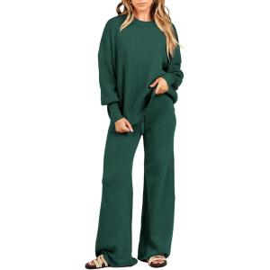 ANRABESS Womens 2 Piece Outfits Fall Lounge Set 2025 Oversized Chunky Knit Sweater Top Wide Leg Pants Loungewear Clothes(Dark Green)