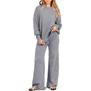 ANRABESS Womens 2 Piece Outfits Fall Lounge Set 2025 Oversized Chunky Knit Sweater Top Wide Leg Pants Loungewear Clothes(Dark Grey)