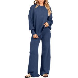 ANRABESS Womens 2 Piece Outfits Fall Lounge Set 2025 Oversized Chunky Knit Sweater Top Wide Leg Pants Loungewear Clothes(Dusty Blue)