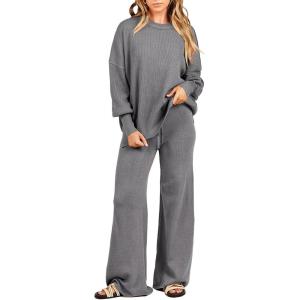 ANRABESS Womens 2 Piece Outfits Fall Lounge Set 2025 Oversized Chunky Knit Sweater Top Wide Leg Pants Loungewear Clothes(Gray)