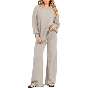ANRABESS Womens 2 Piece Outfits Fall Lounge Set 2025 Oversized Chunky Knit Sweater Top Wide Leg Pants Loungewear Clothes(Light Grey)