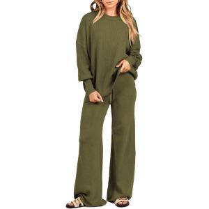ANRABESS Womens 2 Piece Outfits Fall Lounge Set 2025 Oversized Chunky Knit Sweater Top Wide Leg Pants Loungewear Clothes(Olive)