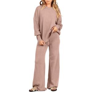 ANRABESS Womens 2 Piece Outfits Fall Lounge Set 2025 Oversized Chunky Knit Sweater Top Wide Leg Pants Loungewear Clothes(Pink Apricot)