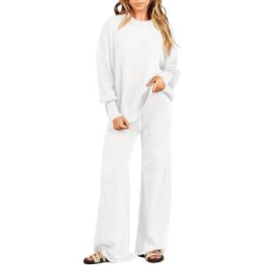 ANRABESS Womens 2 Piece Outfits Fall Lounge Set 2025 Oversized Chunky Knit Sweater Top Wide Leg Pants Loungewear Clothes(White)