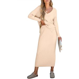 ANRABESS Women’s 2 Piece Outfits Sweater Skirt Sets Casual Long Sleeve V Neck Ribbed Knit Tops Midi Dress 2025 Fall Fashion(Beige)