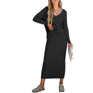 ANRABESS Women’s 2 Piece Outfits Sweater Skirt Sets Casual Long Sleeve V Neck Ribbed Knit Tops Midi Dress 2025 Fall Fashion(Black)
