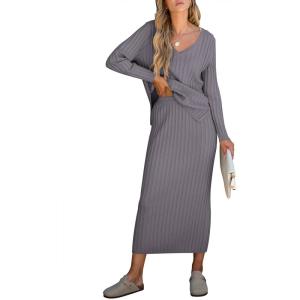 ANRABESS Women’s 2 Piece Outfits Sweater Skirt Sets Casual Long Sleeve V Neck Ribbed Knit Tops Midi Dress 2025 Fall Fashion(Gray Purple)
