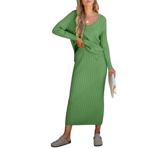 ANRABESS Women’s 2 Piece Outfits Sweater Skirt Sets Casual Long Sleeve V Neck Ribbed Knit Tops Midi Dress 2025 Fall Fashion(Green)
