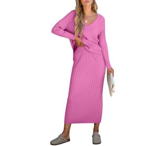 ANRABESS Women’s 2 Piece Outfits Sweater Skirt Sets Casual Long Sleeve V Neck Ribbed Knit Tops Midi Dress 2025 Fall Fashion(Hot Pink)