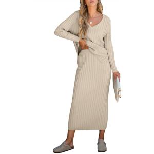 ANRABESS Women’s 2 Piece Outfits Sweater Skirt Sets Casual Long Sleeve V Neck Ribbed Knit Tops Midi Dress 2025 Fall Fashion(Khaki)