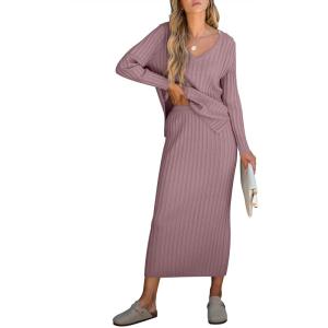 ANRABESS Women’s 2 Piece Outfits Sweater Skirt Sets Casual Long Sleeve V Neck Ribbed Knit Tops Midi Dress 2025 Fall Fashion(Light Purple)