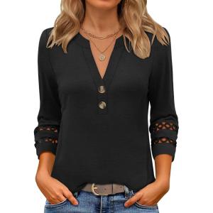 ANRABESS Womens 3/4 Length Lace Sleeve Tops Henley V Neck Shirts Dressy Casual Business Blouses 2025 Fall T-Shirts Outfits(Black)