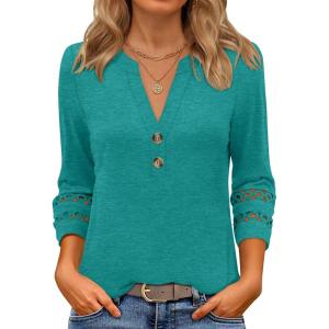 ANRABESS Womens 3/4 Length Lace Sleeve Tops Henley V Neck Shirts Dressy Casual Business Blouses 2025 Fall T-Shirts Outfits(Cyan Green)