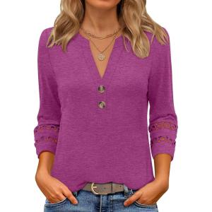 ANRABESS Womens 3/4 Length Lace Sleeve Tops Henley V Neck Shirts Dressy Casual Business Blouses 2025 Fall T-Shirts Outfits(Fuchsia)