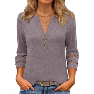 ANRABESS Womens 3/4 Length Lace Sleeve Tops Henley V Neck Shirts Dressy Casual Business Blouses 2025 Fall T-Shirts Outfits(Taupe)