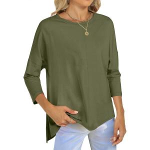 ANRABESS Womens 3/4 Length Sleeve Tops Loose Fit Tunic Shirts Oversized Spring Summer Casual Crew Neck Basic Boxy Tee(Army Green)