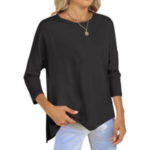 ANRABESS Womens 3/4 Length Sleeve Tops Loose Fit Tunic Shirts Oversized Spring Summer Casual Crew Neck Basic Boxy Tee(Black)