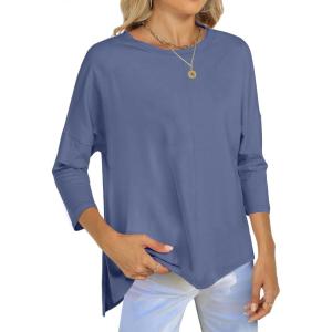 ANRABESS Womens 3/4 Length Sleeve Tops Loose Fit Tunic Shirts Oversized Spring Summer Casual Crew Neck Basic Boxy Tee(Dark Blue)