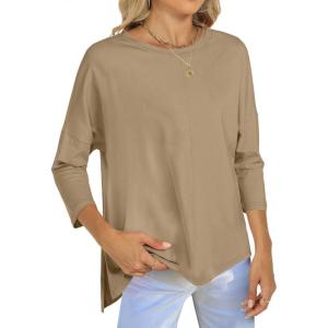ANRABESS Womens 3/4 Length Sleeve Tops Loose Fit Tunic Shirts Oversized Spring Summer Casual Crew Neck Basic Boxy Tee(Khaki)