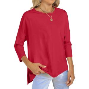 ANRABESS Womens 3/4 Length Sleeve Tops Loose Fit Tunic Shirts Oversized Spring Summer Casual Crew Neck Basic Boxy Tee(Red)