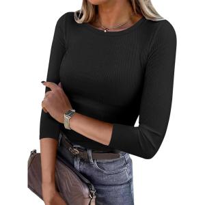 ANRABESS Womens 3/4 Long Sleeve Tops Ribbed Knit Slim Fitted Shirts Basic Tee Fall Outfits 2025 Fashion Y2K Clothes(Black)