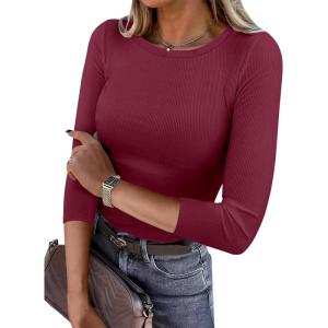 ANRABESS Womens 3/4 Long Sleeve Tops Ribbed Knit Slim Fitted Shirts Basic Tee Fall Outfits 2025 Fashion Y2K Clothes(Burgundy)