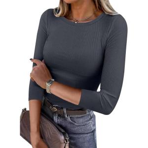 ANRABESS Womens 3/4 Long Sleeve Tops Ribbed Knit Slim Fitted Shirts Basic Tee Fall Outfits 2025 Fashion Y2K Clothes(Charcoal)
