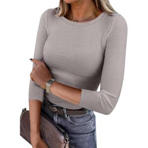 ANRABESS Womens 3/4 Long Sleeve Tops Ribbed Knit Slim Fitted Shirts Basic Tee Fall Outfits 2025 Fashion Y2K Clothes(Dark Khaki)