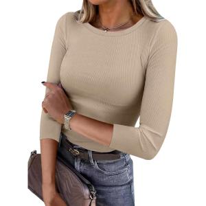 ANRABESS Womens 3/4 Long Sleeve Tops Ribbed Knit Slim Fitted Shirts Basic Tee Fall Outfits 2025 Fashion Y2K Clothes(Light Khaki)