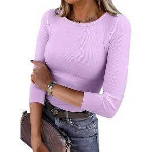 ANRABESS Womens 3/4 Long Sleeve Tops Ribbed Knit Slim Fitted Shirts Basic Tee Fall Outfits 2025 Fashion Y2K Clothes(Purple)