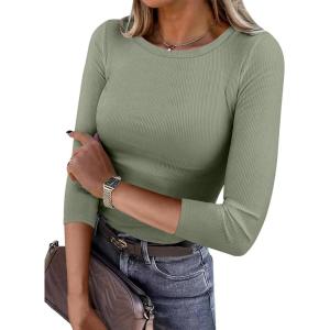 ANRABESS Womens 3/4 Long Sleeve Tops Ribbed Knit Slim Fitted Shirts Basic Tee Fall Outfits 2025 Fashion Y2K Clothes(Sage Green)