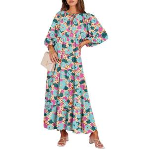 ANRABESS Womens Boho Maxi Dresses 2025 Summer V Neck Puff Sleeve Floral Flowy Swing Fall Casual Long Dress(Beige Teal Floral)