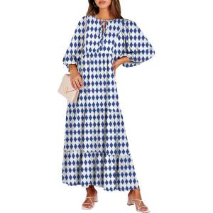 ANRABESS Womens Boho Maxi Dresses 2025 Summer V Neck Puff Sleeve Floral Flowy Swing Fall Casual Long Dress(Blue)