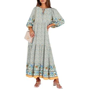 ANRABESS Womens Boho Maxi Dresses 2025 Summer V Neck Puff Sleeve Floral Flowy Swing Fall Casual Long Dress(Blue Floral)