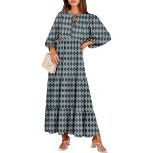 ANRABESS Womens Boho Maxi Dresses 2025 Summer V Neck Puff Sleeve Floral Flowy Swing Fall Casual Long Dress(Dark Green)