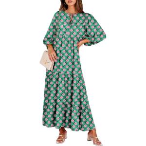 ANRABESS Womens Boho Maxi Dresses 2025 Summer V Neck Puff Sleeve Floral Flowy Swing Fall Casual Long Dress(Green)