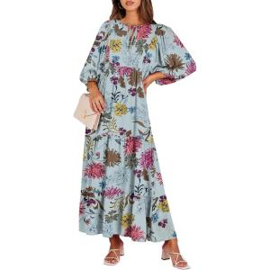 ANRABESS Womens Boho Maxi Dresses 2025 Summer V Neck Puff Sleeve Floral Flowy Swing Fall Casual Long Dress(Green Floral)