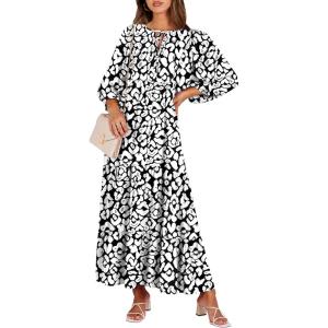 ANRABESS Womens Boho Maxi Dresses 2025 Summer V Neck Puff Sleeve Floral Flowy Swing Fall Casual Long Dress(Leopard Print)