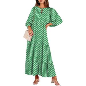 ANRABESS Womens Boho Maxi Dresses 2025 Summer V Neck Puff Sleeve Floral Flowy Swing Fall Casual Long Dress(Light Green)